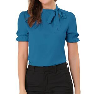 Bow Tie Neck Tops Workwear Short Sleeve Blouse Peacock Blue